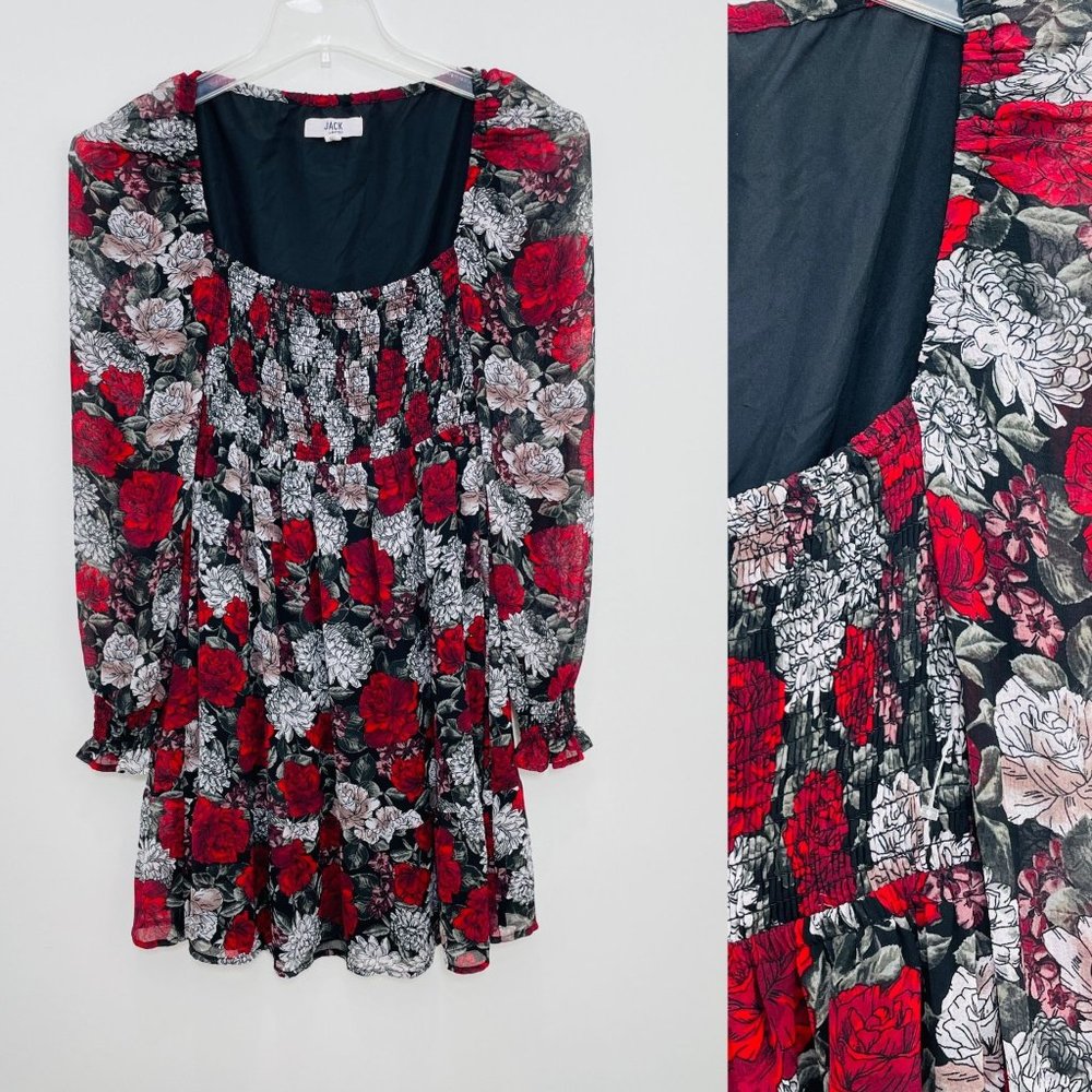 BB Dakota Women's Dress Small Mini Roses Square Neck Smocking Long Sleeve